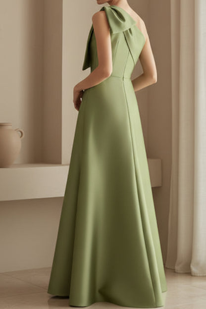 One Shoulder Bow Satin Gown with Floral Embroidered Skirt