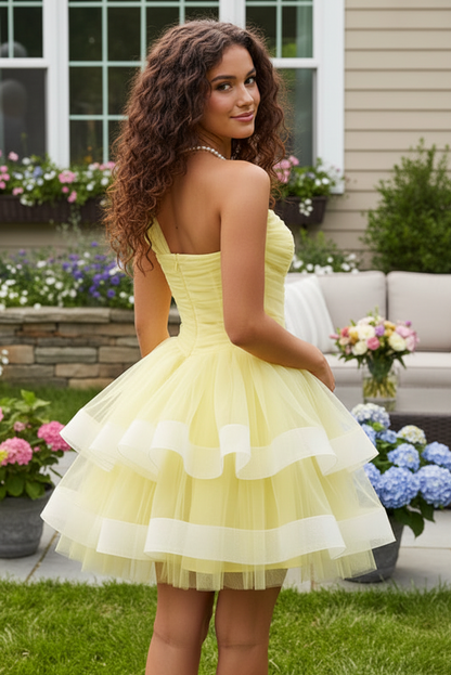 One-Shoulder Tiered Tulle Mini Dress with Contrast Trim