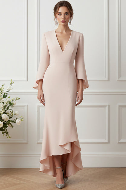 Deep V-Neck High-Low Dress with Bell Sleeves