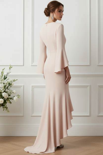 Deep V-Neck High-Low Dress with Bell Sleeves