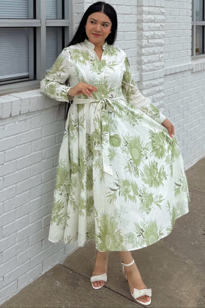 Floral High Neck Long Sleeve Midi Dress