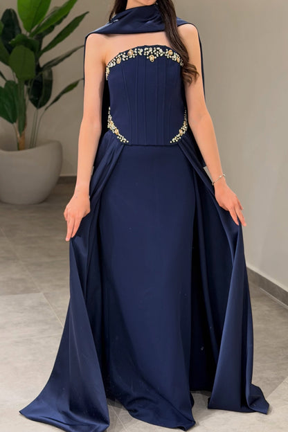 Strapless Satin Corset Evening Gown with Shawl