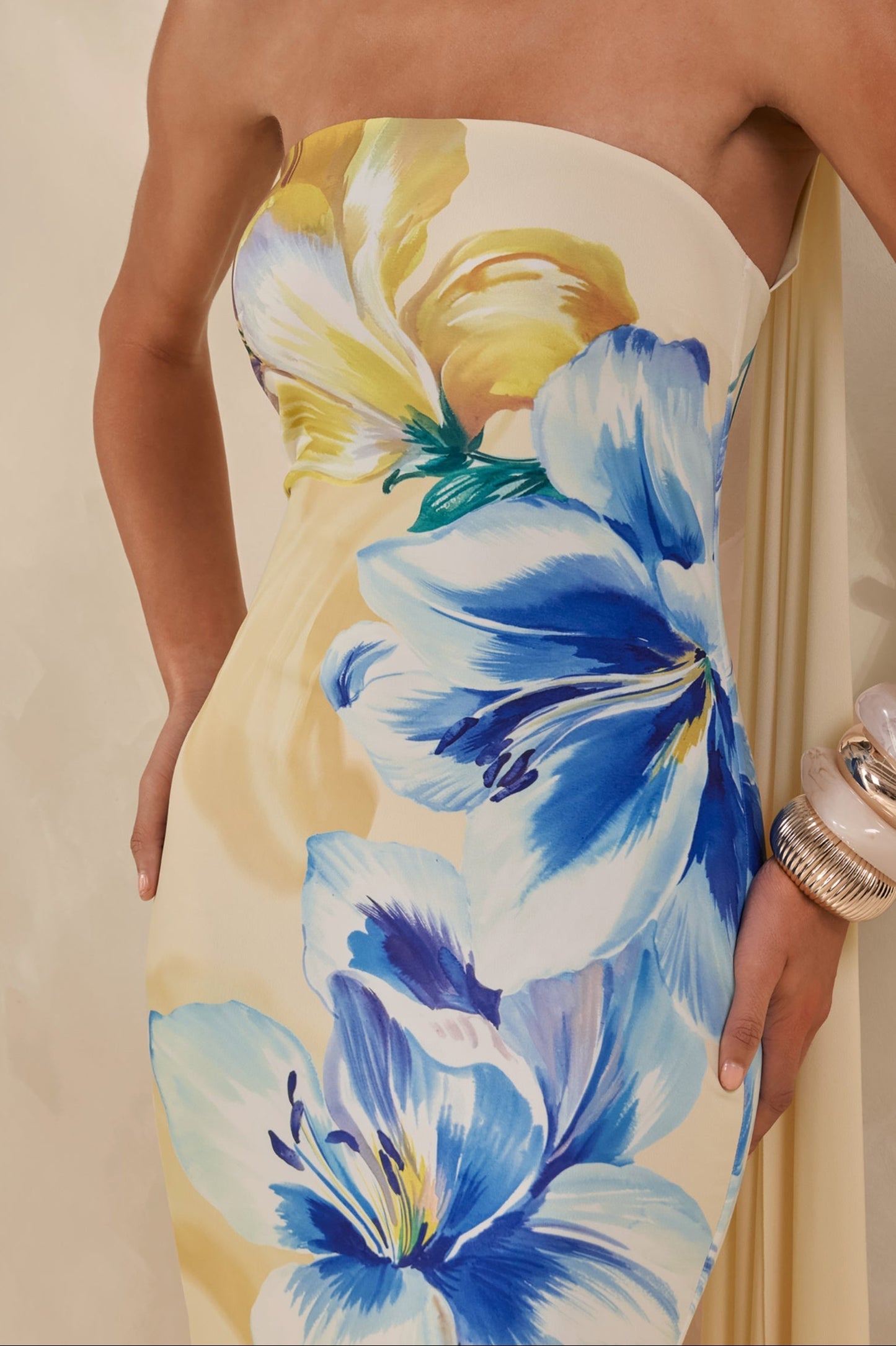 Strapless Floral Print Maxi Dress with Neck Drape