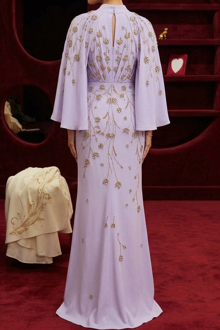 High Neck Embellished Gown with Cape Sleeves