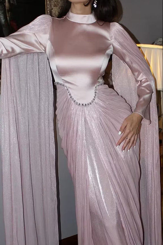 High Neck Cape Sleeve Gown with Crystal Waist