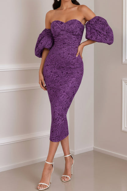 Off-the-Shoulder Puff Sleeve Jacquard Midi Dress