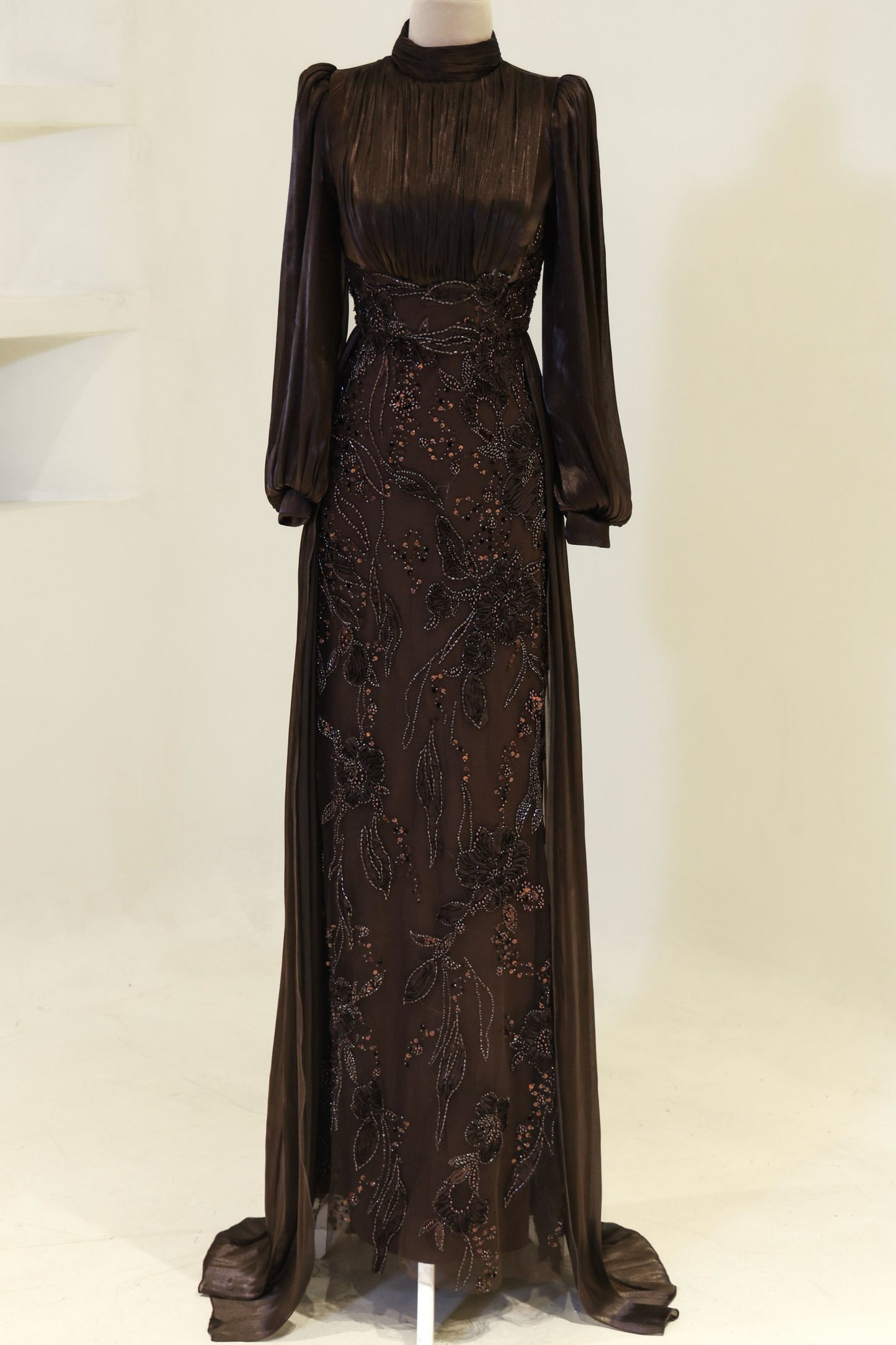 Long-Sleeve High-Neck Evening Gown with Floral Beaded Skirt