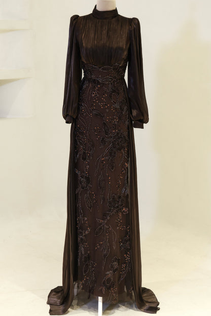 Long-Sleeve High-Neck Evening Gown with Floral Beaded Skirt