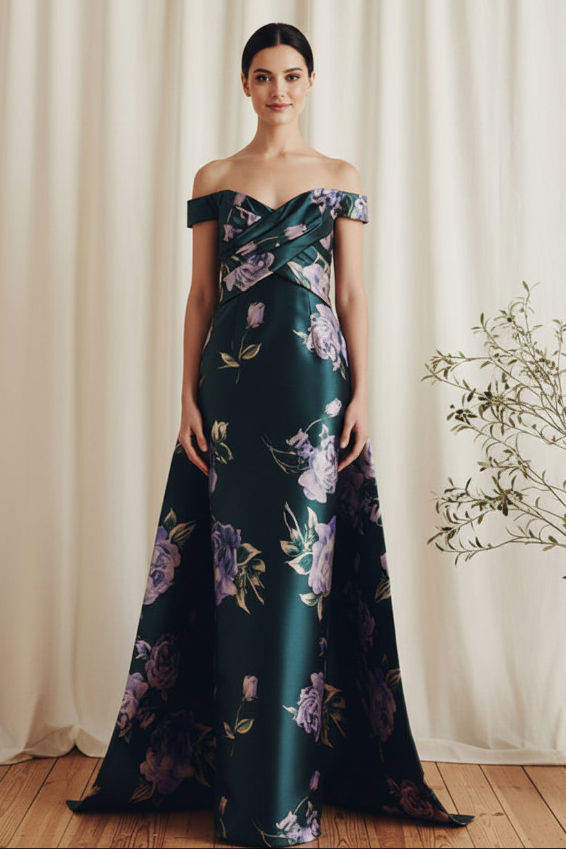 Floral Off-the-Shoulder Crossover Evening Gown