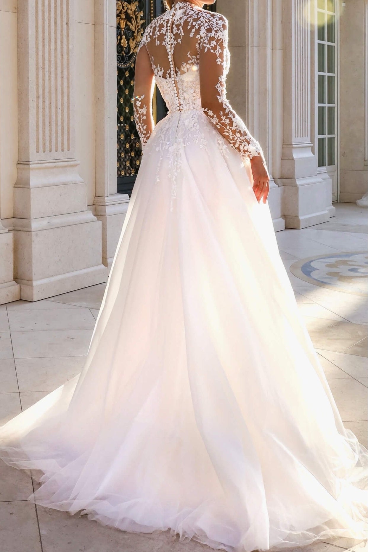 Illusion High Neck Lace Applique A-Line Wedding Gown