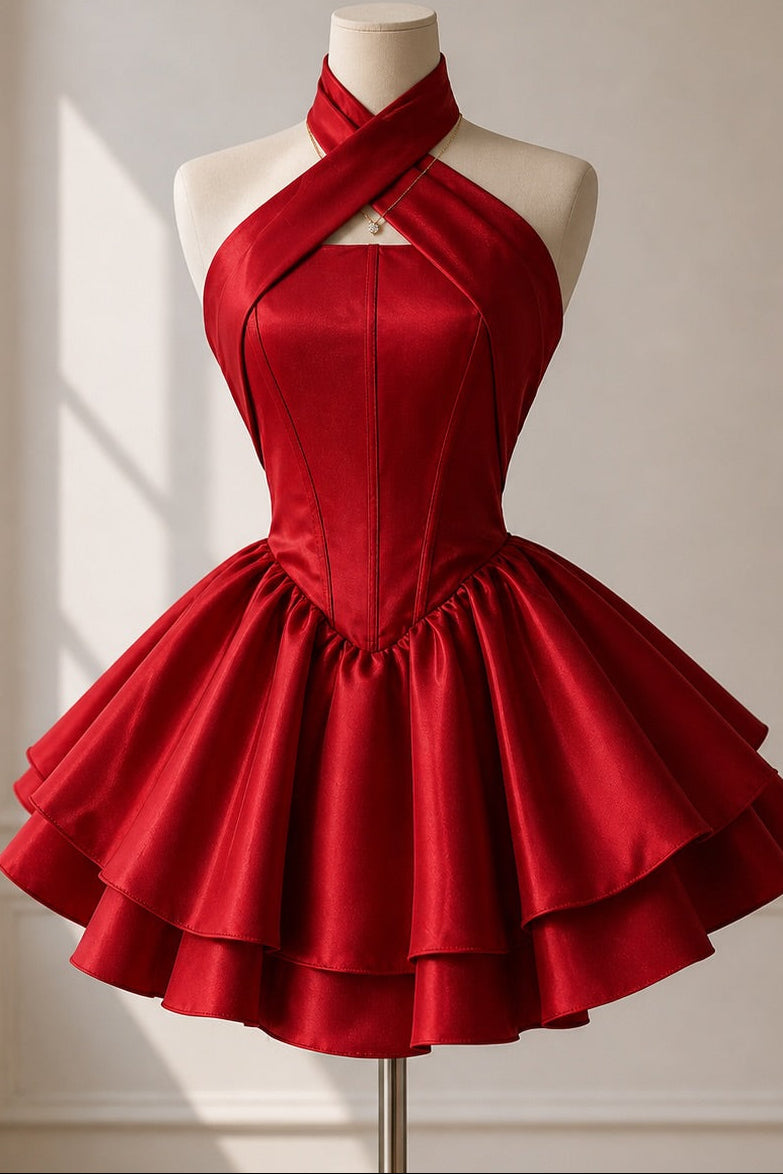 Crisscross Halter Mini Dress with Lace-Up Corset Back
