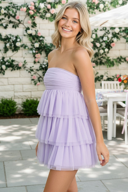 Strapless Ruched Tiered Tulle Mini Dress
