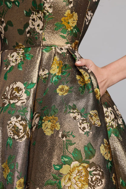Metallic Floral Jacquard A-Line Evening Gown