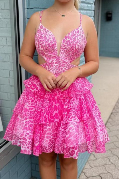 Animal Print Beaded Cut-Out Tiered Short Dress