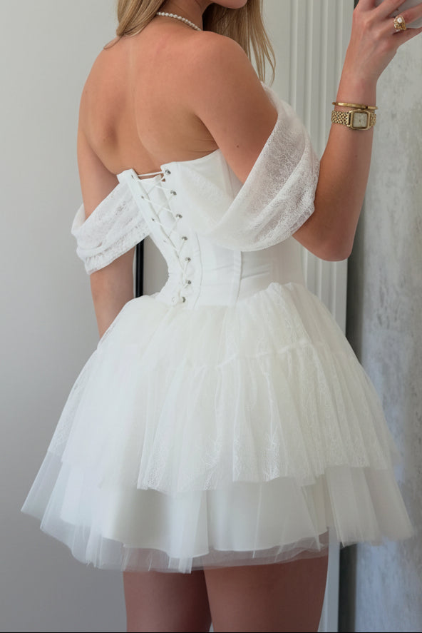 Off-Shoulder Corset Mini Dress with Tiered Tulle Skirt