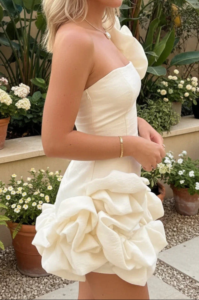 Strapless 3D Floral Ruffled Mini Dress