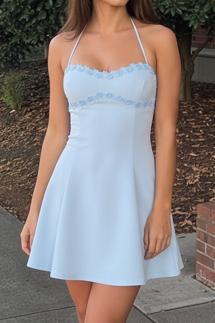 Floral Applique Mini Dress with Lace-Up Open Back