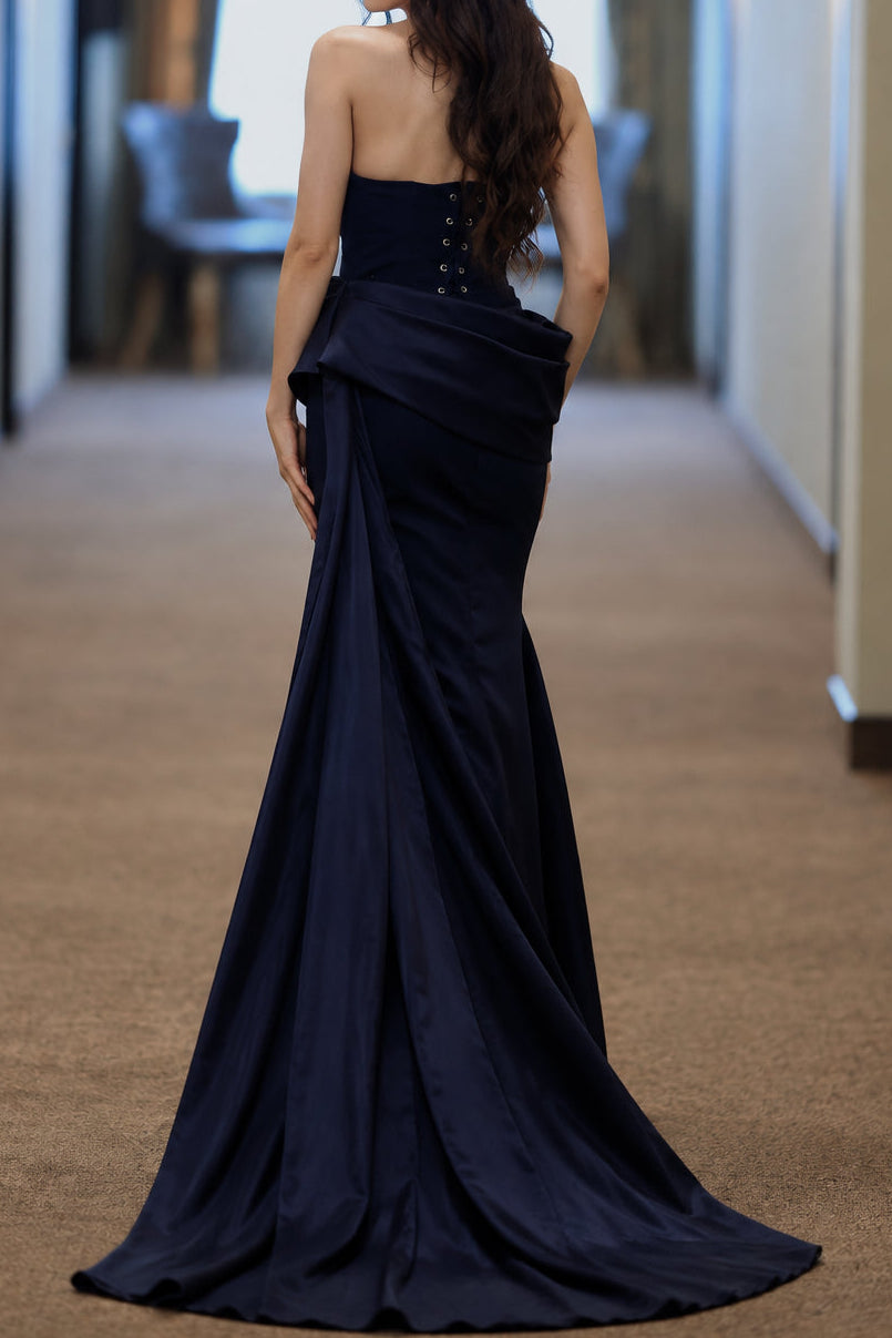 Strapless Asymmetric Draped Gown with Corset Back