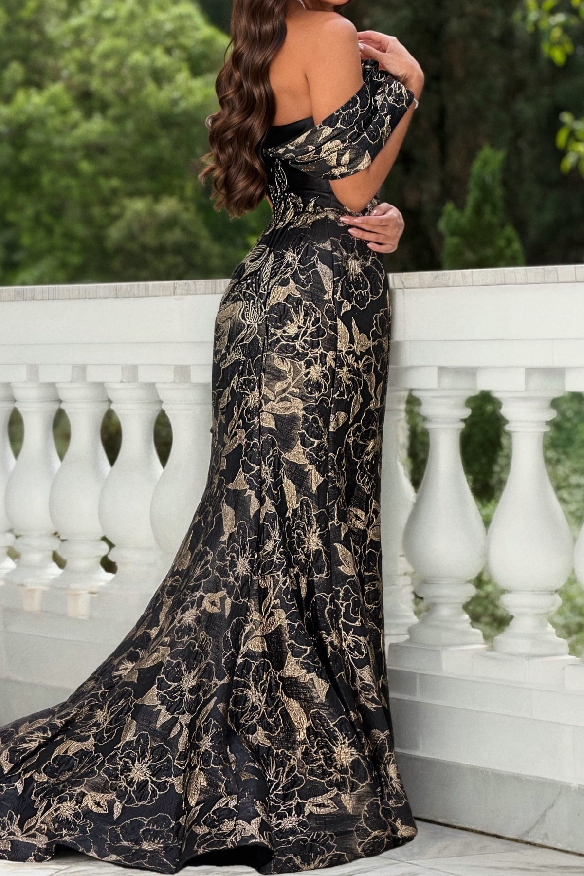 Metallic Floral Off-Shoulder Trumpet Gown
