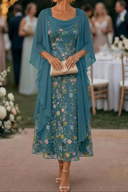 Embroidered Floral Midi Dress with Chiffon Cape