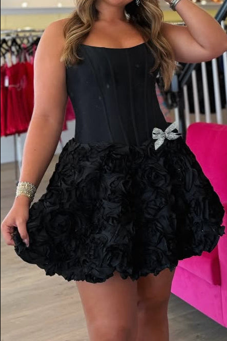 Strapless Corset Mini Dress with Rosette Skirt
