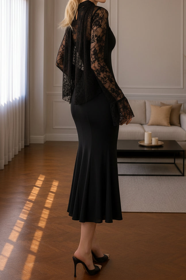 Lace Bell Sleeve Mermaid Midi Dress with Corset Waist