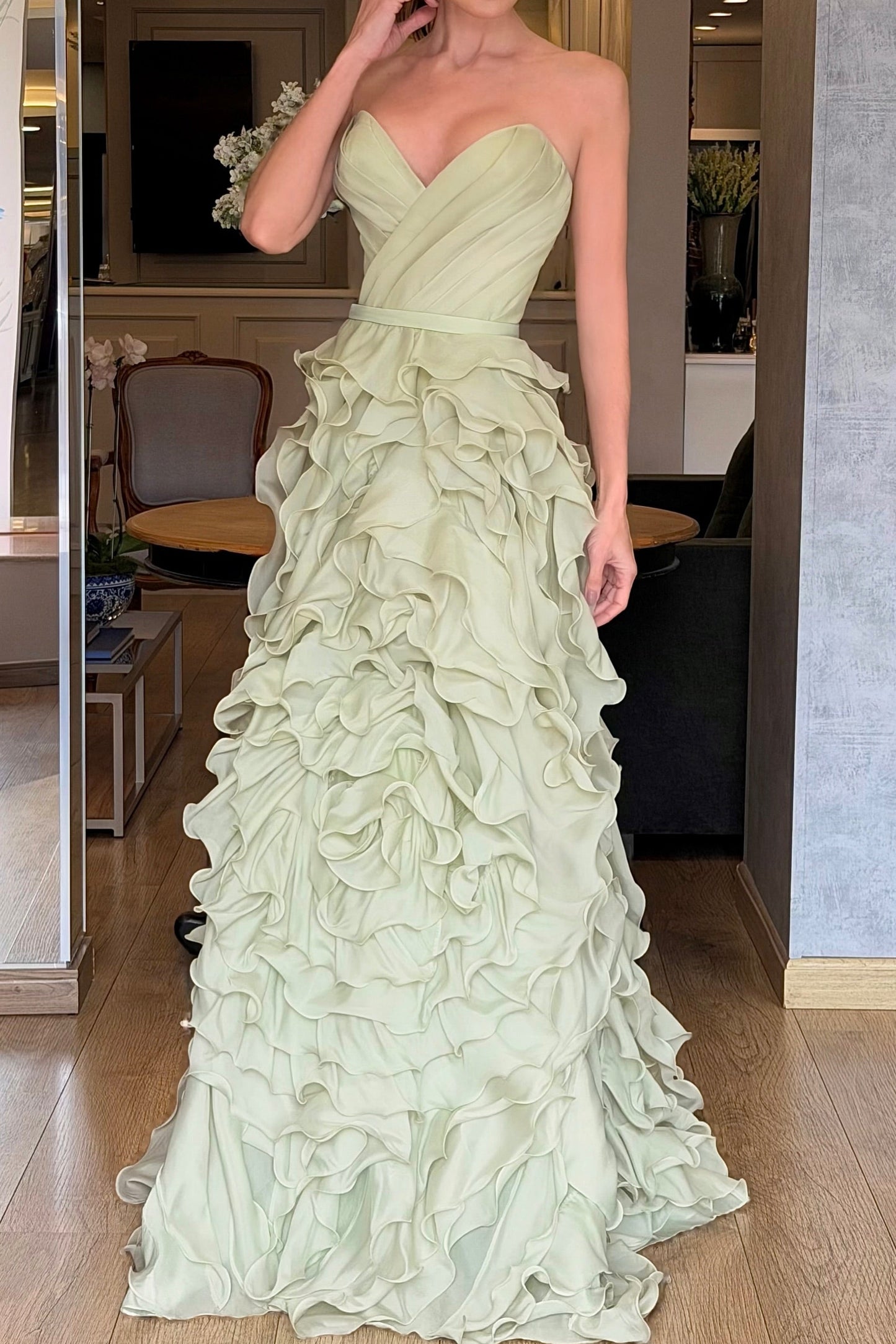 Strapless Sweetheart Gown with Ruffled Cascading Skirt