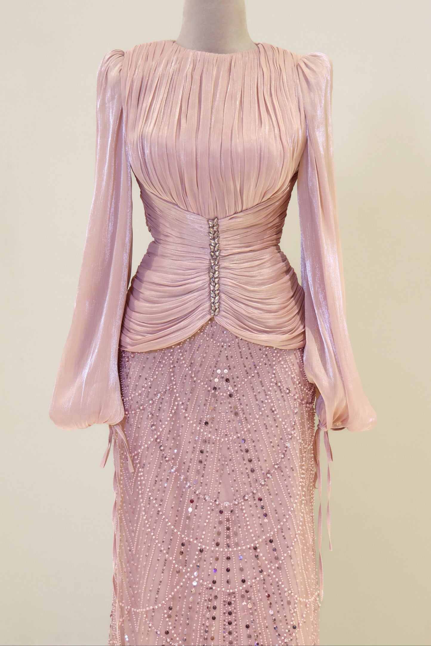 Long Sleeve Sequin Beaded Gown with Pleated Satin Bodice