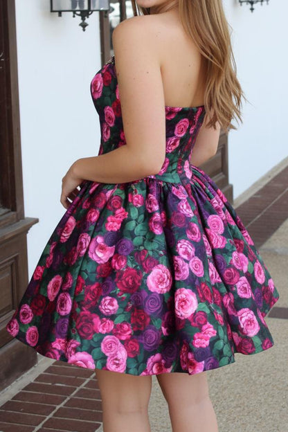 Strapless Floral Mini Dress with Beaded Neckline