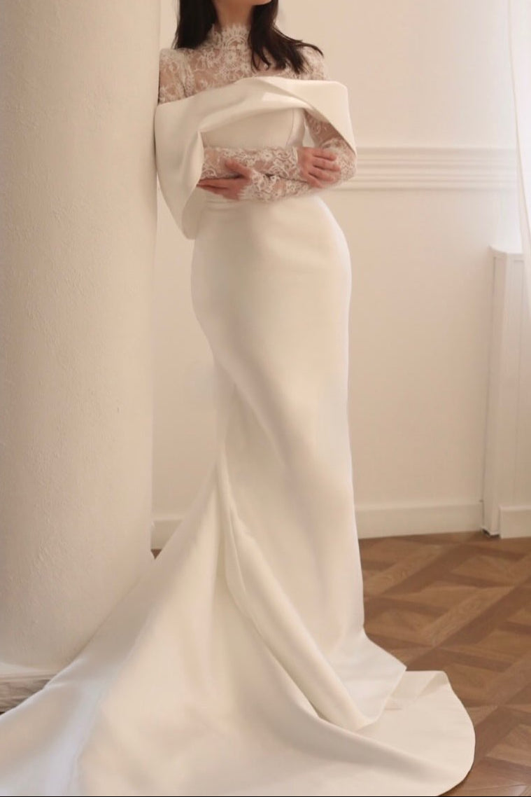 Satin and Lace Mermaid Wedding Dress with Long Sleeves