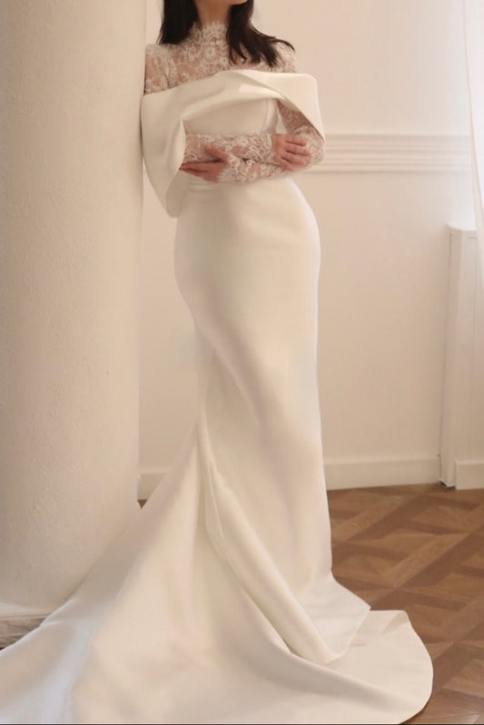 Satin and Lace Mermaid Wedding Dress with Long Sleeves