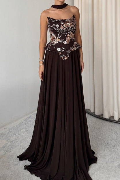 Embroidered Corset Gown with Scarf