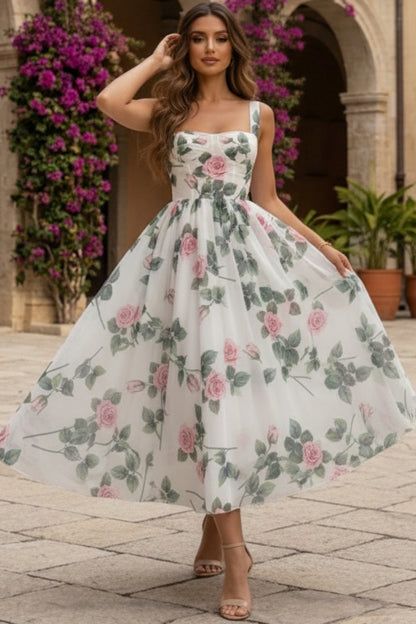 Floral Print A-Line Corset Midi Dress