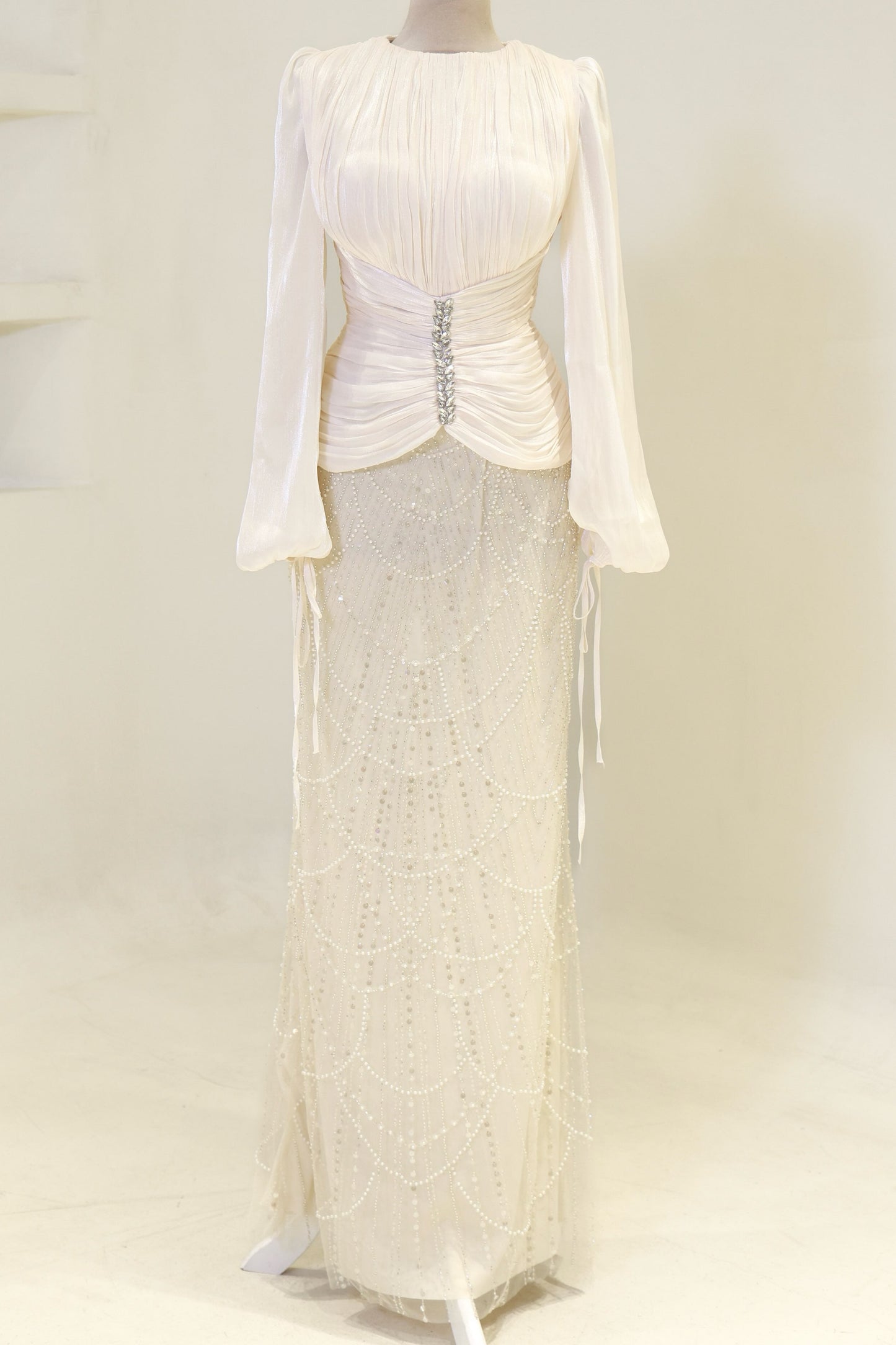 Long Sleeve Sequin Beaded Gown with Pleated Satin Bodice