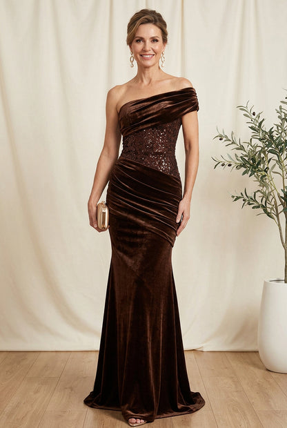 One-Shoulder Ruched Velvet Gown with Sequins