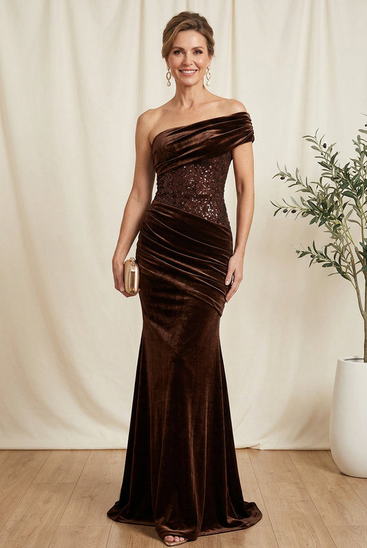 One-Shoulder Ruched Velvet Gown with Sequins