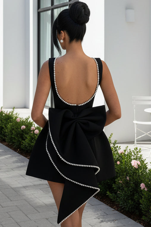 A-Line Mini Dress with Pearl Trim and Oversized Back Bow