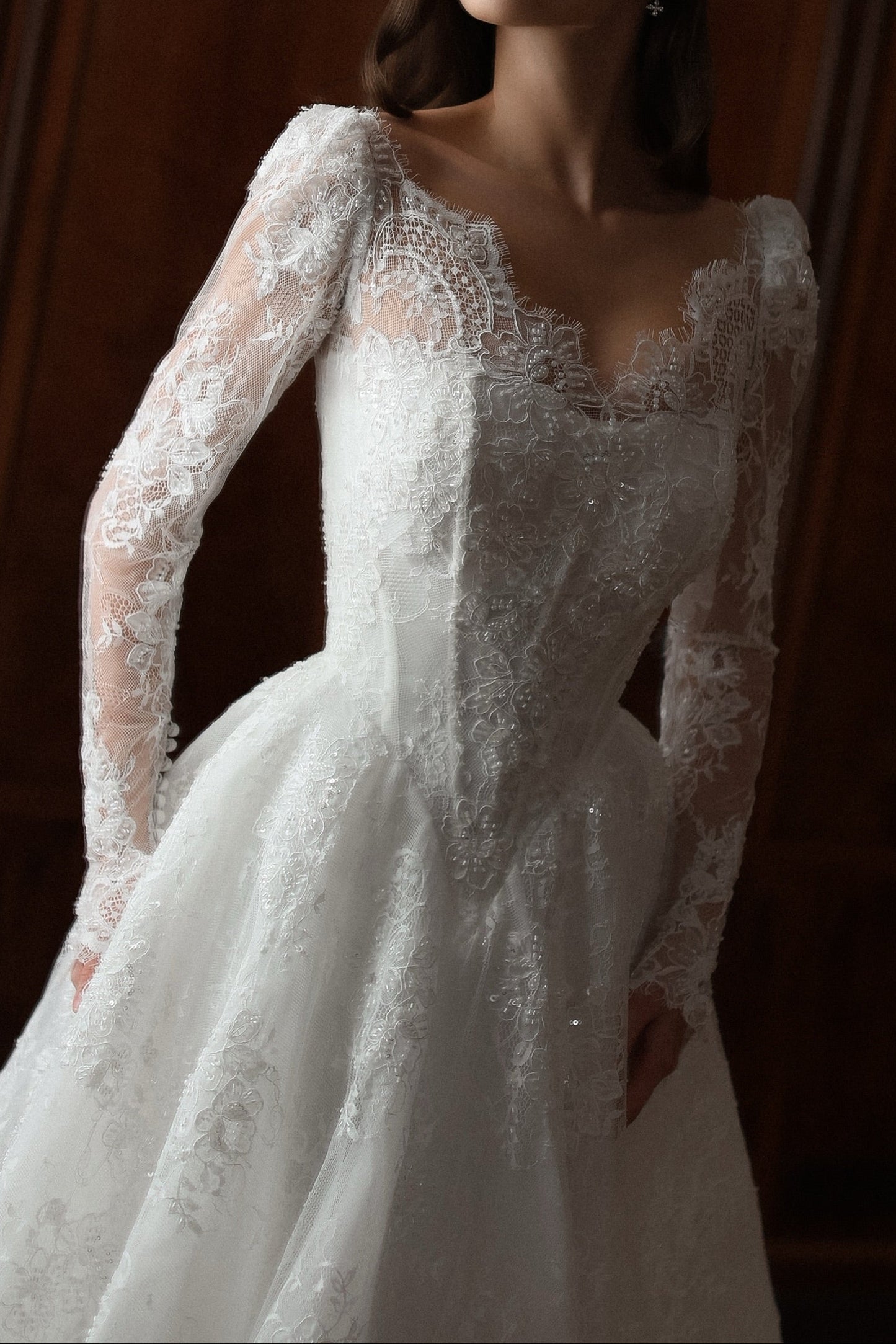 Long-Sleeve Lace Ball Gown Wedding Dress with V-Back