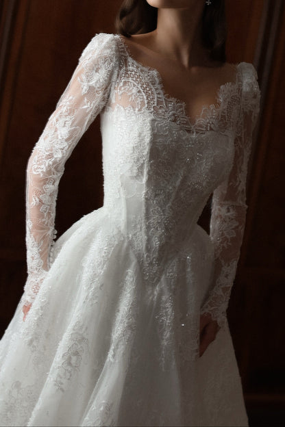 Long-Sleeve Lace Ball Gown Wedding Dress with V-Back