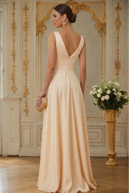 Pleated V-Neck Satin A-Line Gown with Slit