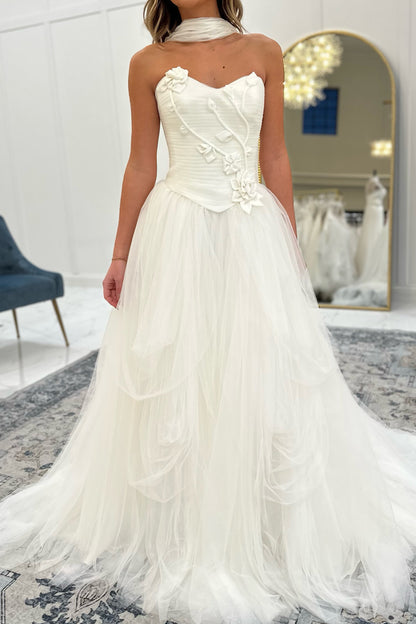 Strapless 3D Floral Tiered Tulle Wedding Dress