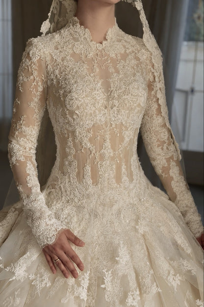 High-Neck Illusion Long Sleeve Lace Ball Gown Wedding Dress