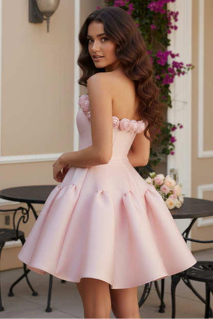 Strapless 3D Rosette Satin Mini Dress