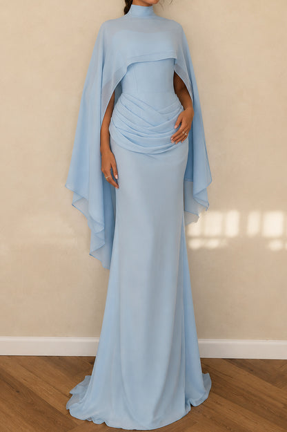High Neck Cape Evening Gown with Draped Waist