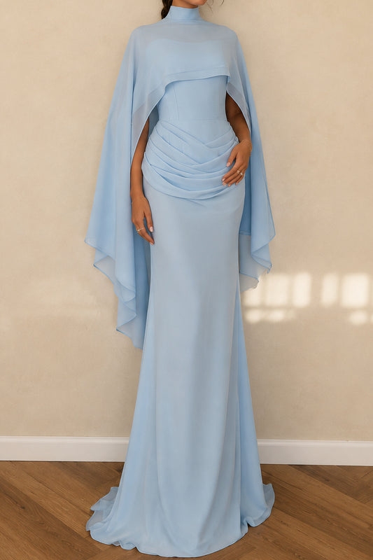 High Neck Cape Evening Gown with Draped Waist