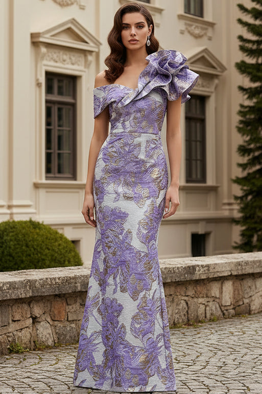 Asymmetrical Floral Jacquard One-Shoulder Evening Gown