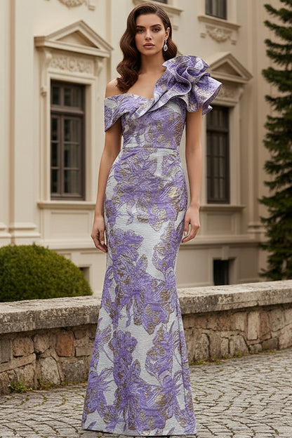 Asymmetrical Floral Jacquard One-Shoulder Evening Gown