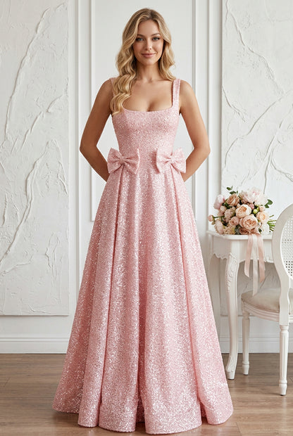 Glitter A-Line Gown with Waist Bow Accents