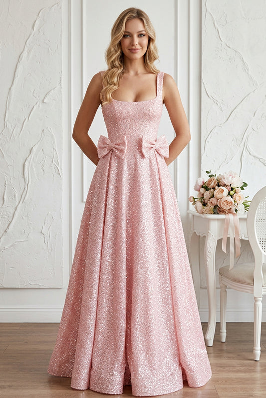 Glitter A-Line Gown with Waist Bow Accents