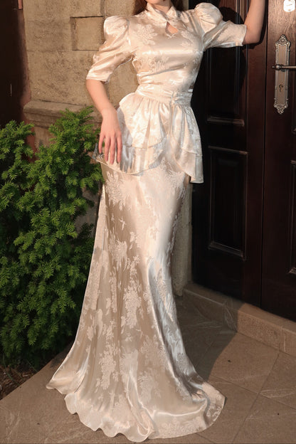 High Neck Jacquard Peplum Column Gown